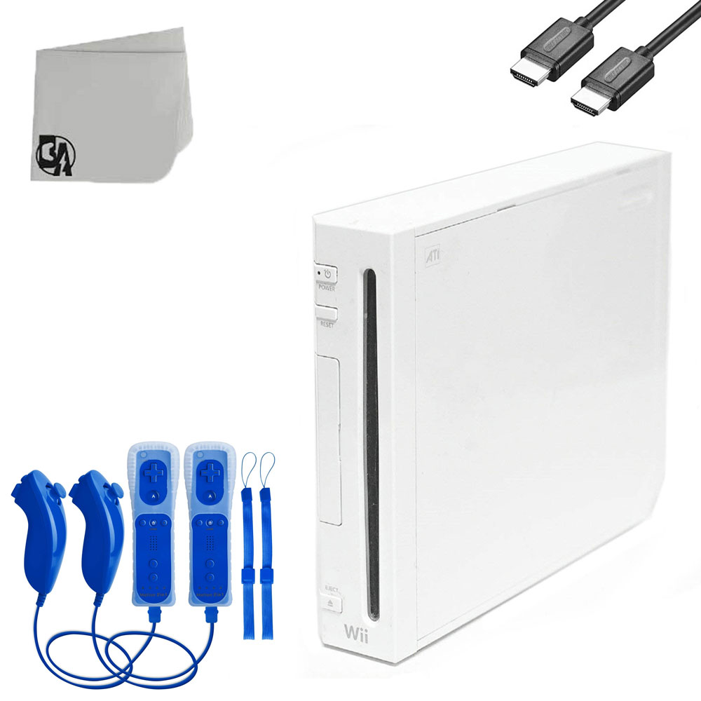 Nintendo Wii White Gaming Console With 2 Blue Gaming Controller + HDMI Cable BOLT AXTION Bundle Like New