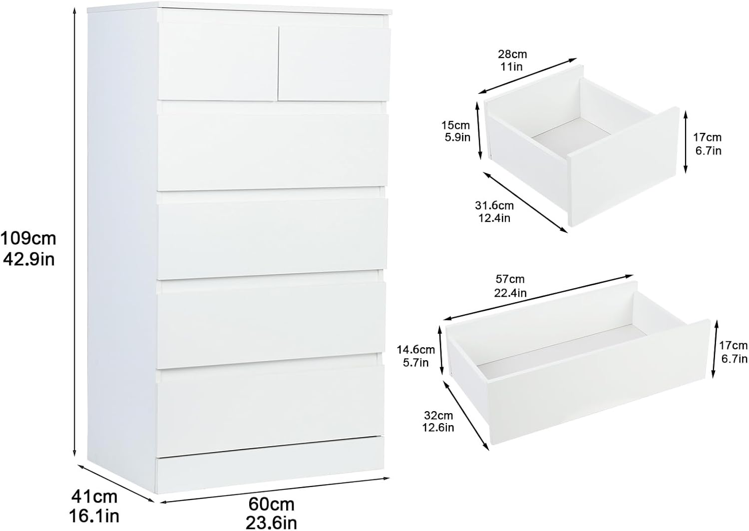 Tall White Skinny Dresser for Bedroom, Closet Organizer, Chest Drawer, Tall Dresser with 6 Wood Drawers Tall Storage Dresser Chest Cabinet Organizer Unit for Bedroom, Living Room, Closet, Hallway