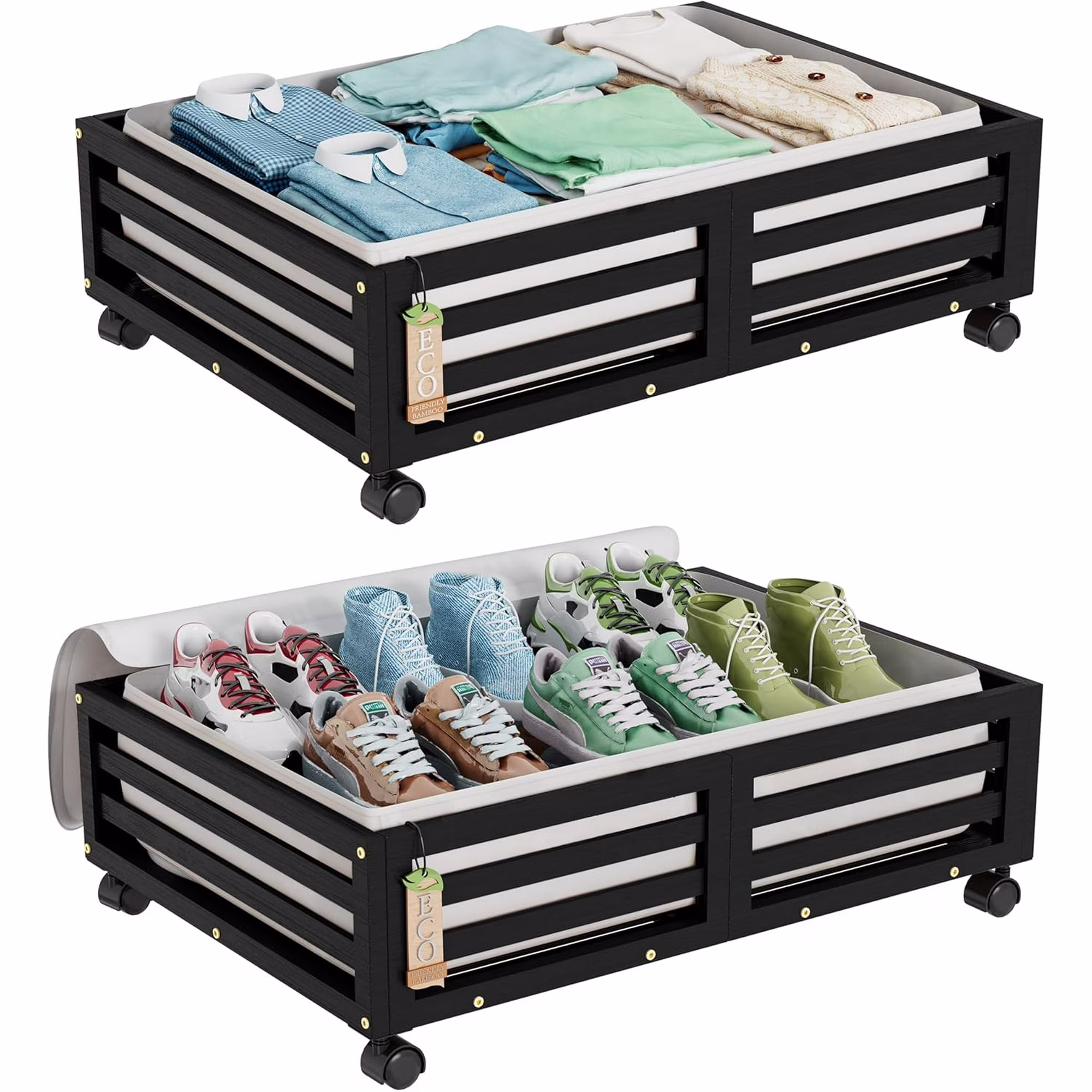 Bamboo Under Bed Storage Containers- Underbed Organizer with Wheels with Large Dust Bag,Sturdy Wood Rolling Under the Bed Shoe Storage Organizer Drawer 2 Pack