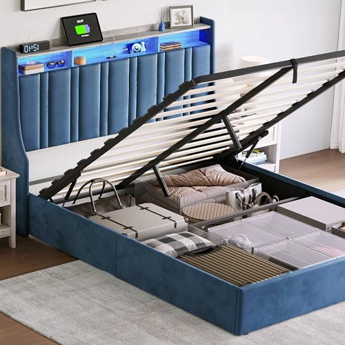 LINSY Lift Up Storage Bed Queen Bed Frame with Storage, Upholstered Bed Frames with Headboard, Queen Size Platform Bedframe with LED Lights & Charging Station, No Box Spring Needed, Dark Grey