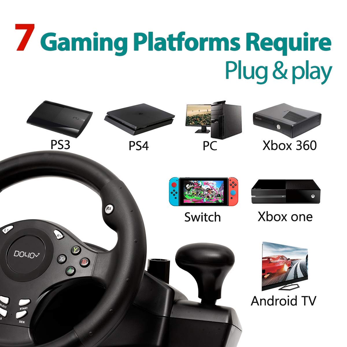 DOYO PC Racing Wheel, XBOX 360 Steering Wheel, 270 Degree Driving Force Sim Gaming Steering Wheel with Responsive Gear and Pedals for Racing Game PC/PS3/PS4/XBOX ONE/XBOX 360/Nintendo Switch/Android