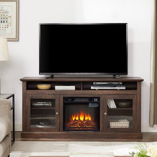 Farmhouse Fireplace TV Stand for TVs Up to 65'', Rustic Entertainment Center with 18