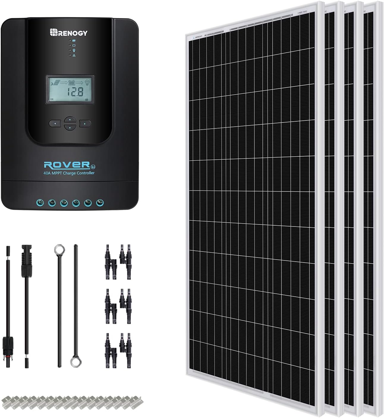 Renogy 400 Watt 12 Volt Monocrystalline Starter Kit with 4 pcs 100W Monocrystalline Solar Panel and 40A Rover MPPT Charge Controller for RV, Boats, Trailer, Camper, Marine, Off-Grid Solar Power System