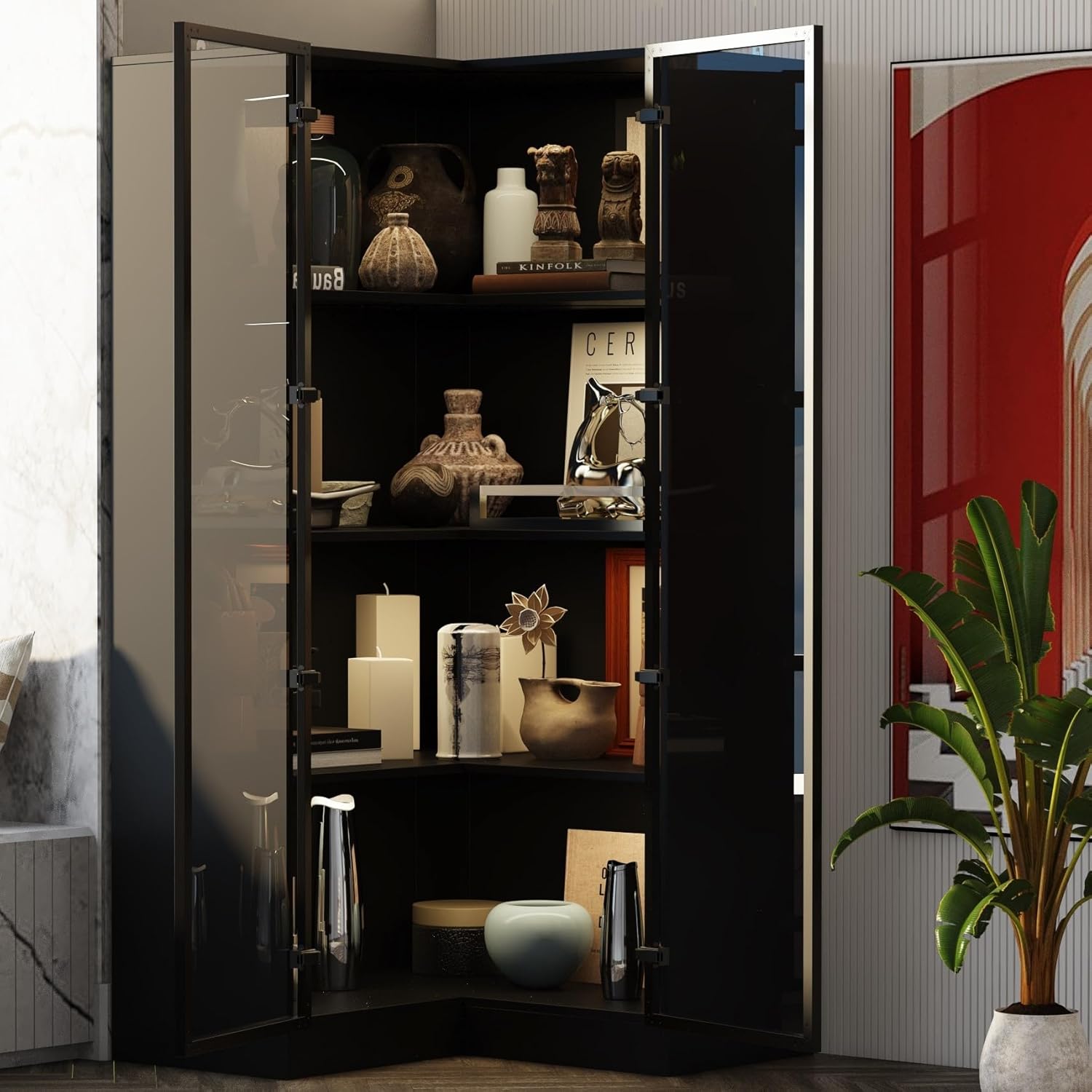AIEGLE Corner Storage Cabinet with Glass Door and Light, L Shaped Display Cabinet with 2 Doors and 4 Shelves, Modern Bookcase Curio Cabinet for Living Room, Home Office, Black, 31.5