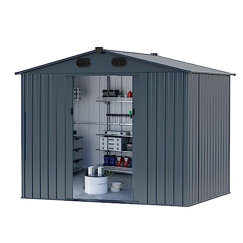 8 x 6 FT Outdoor Storage Shed, Metal Garden Shed with Two Lockable Sliding Doors, Tool Shed Outdoor Storage with Four Air Vents, Storage House Waterproof for Backyard, Lawn, Dark Gray