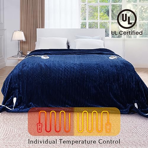 Heated Queen Blanket Striped Electric Blanket - Heating Blanket Queen with 6 Heat Levels & 10 Hours Auto-Off, Cozy Soft Fleece Blanket, Washable, Fast Heating, 84 x 90 Inches, Navy Blue