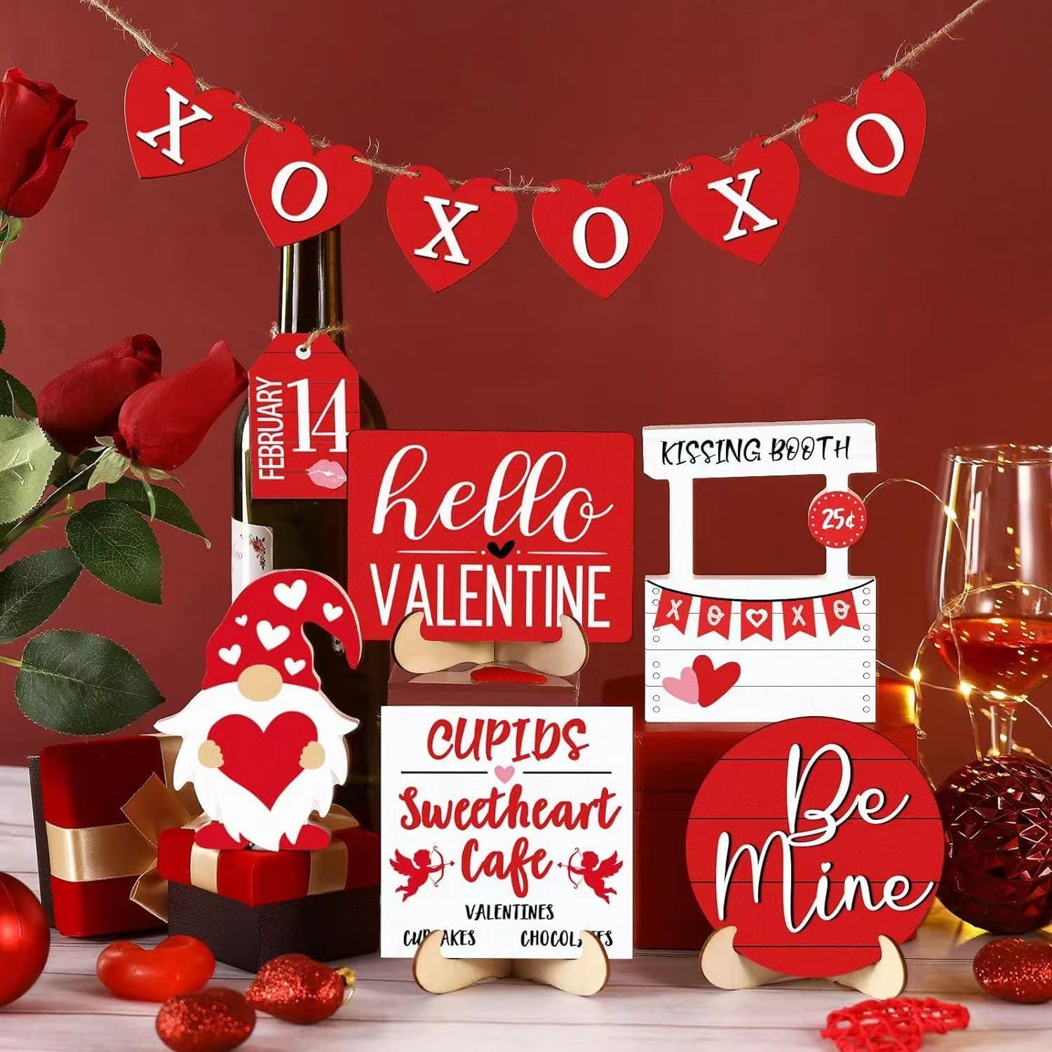 Valentine's Day Tiered Tray Decor, Farmhouse Decor Set, Valentine's Day Stereoscopic Exquisite Relief Design Sign Rustic Table Ornaments for Kitchen Table Decoration, Gift (Red)