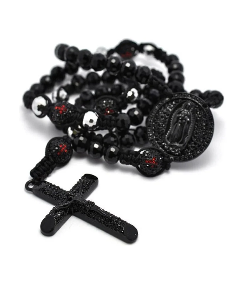 iJewelry2 Black Men Crystal Pave Cross Rosary Beaded Bold Hip Hop Chain Necklace 24