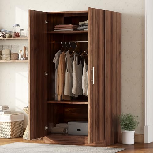 4 Door Wardrobe Closet, Wooden Wardrobe Closet Cabinet with 2 Drawers, Bedroom Armoires with Hanging Rod Shelf, Freestanding Wardrobe Cabinet for Bedroom, Guest Room (Black, 4-Doors 2 Drawers)