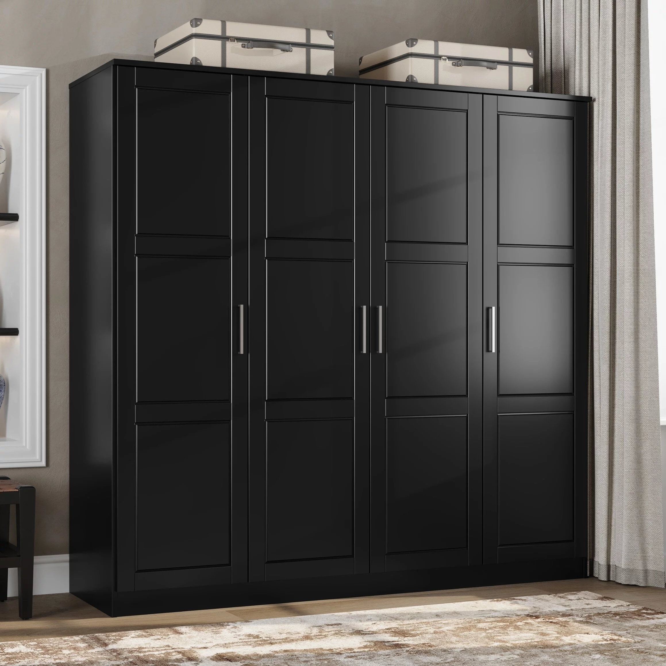 Palace Imports, Inc. 100% Solid Wood Cosmo 4-Door Wardrobe with Solid Wood or Mirrored Doors Black - Radiant Selections