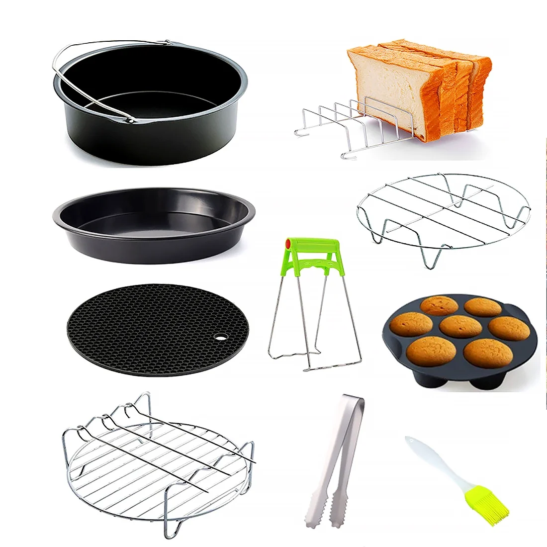 Air Fryer Accessories - 7 Inch Set of 10 Pcs Compatible for Ninja Foodi Cosori instant Pot, Fit 3.2 - 6.8QT Accessories for Air Fryer with Cake Pan, Pizza Pan, Air Fryer Liner (Set of 10)