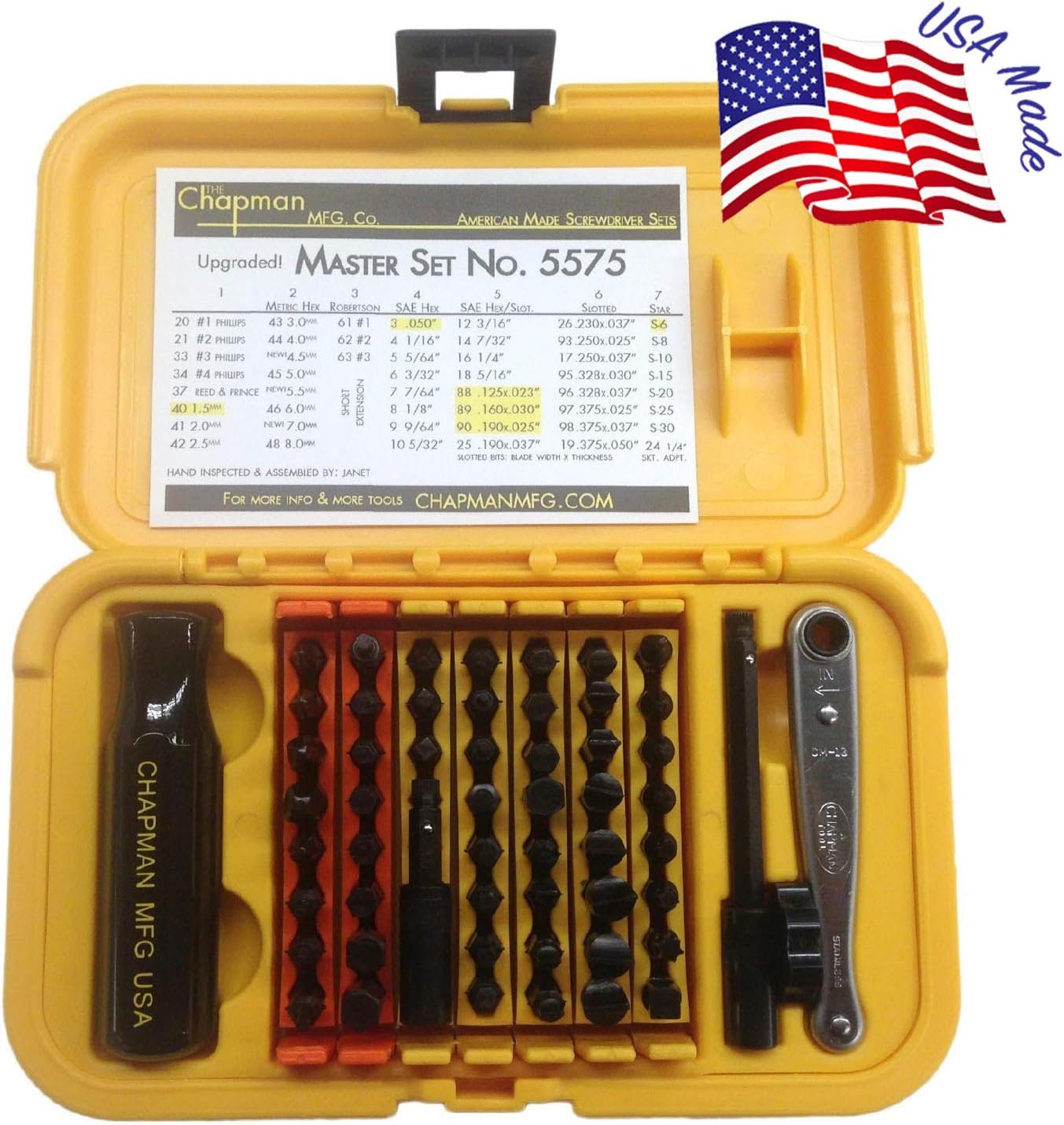 Chapman MFG 7331 All-Purpose Standard Screwdriver Set - Includes Phillips, SAE Allen Hex & Slotted/Flathead Bits - Complete Set Offers 24 USA Made Insert Bits + Mini Ratchet Hand Tool (Yellow Case)