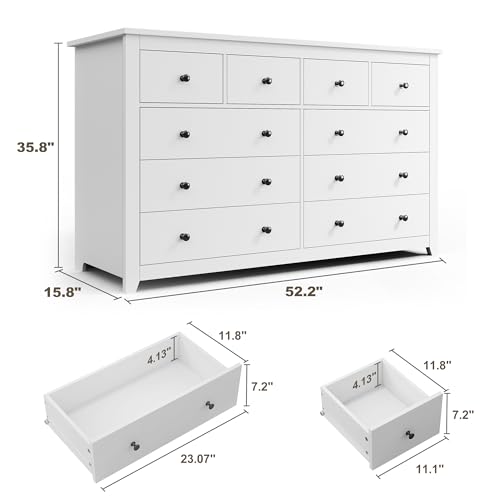 EnHomee 10 Drawer Dresser for Bedroom, Wide Chest of Drawers, Large Wooden Storage Dresser for Bedroom, Closet, Hallway，White