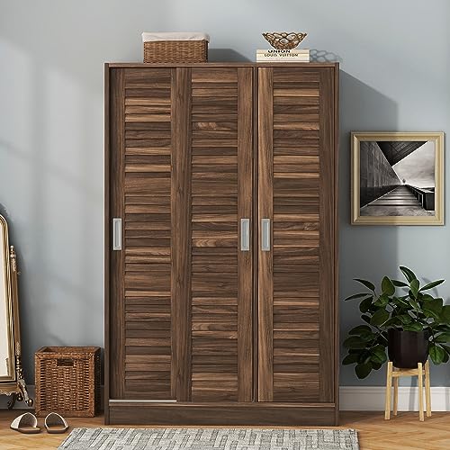3 Door Wardrobe Armoire Closet with Sliding Doors and Storage Shelevs Freestanding Wardrobe Cabinet with Hanging Rod Clothes, Cabinet Organizer for Bedroom, 20.5
