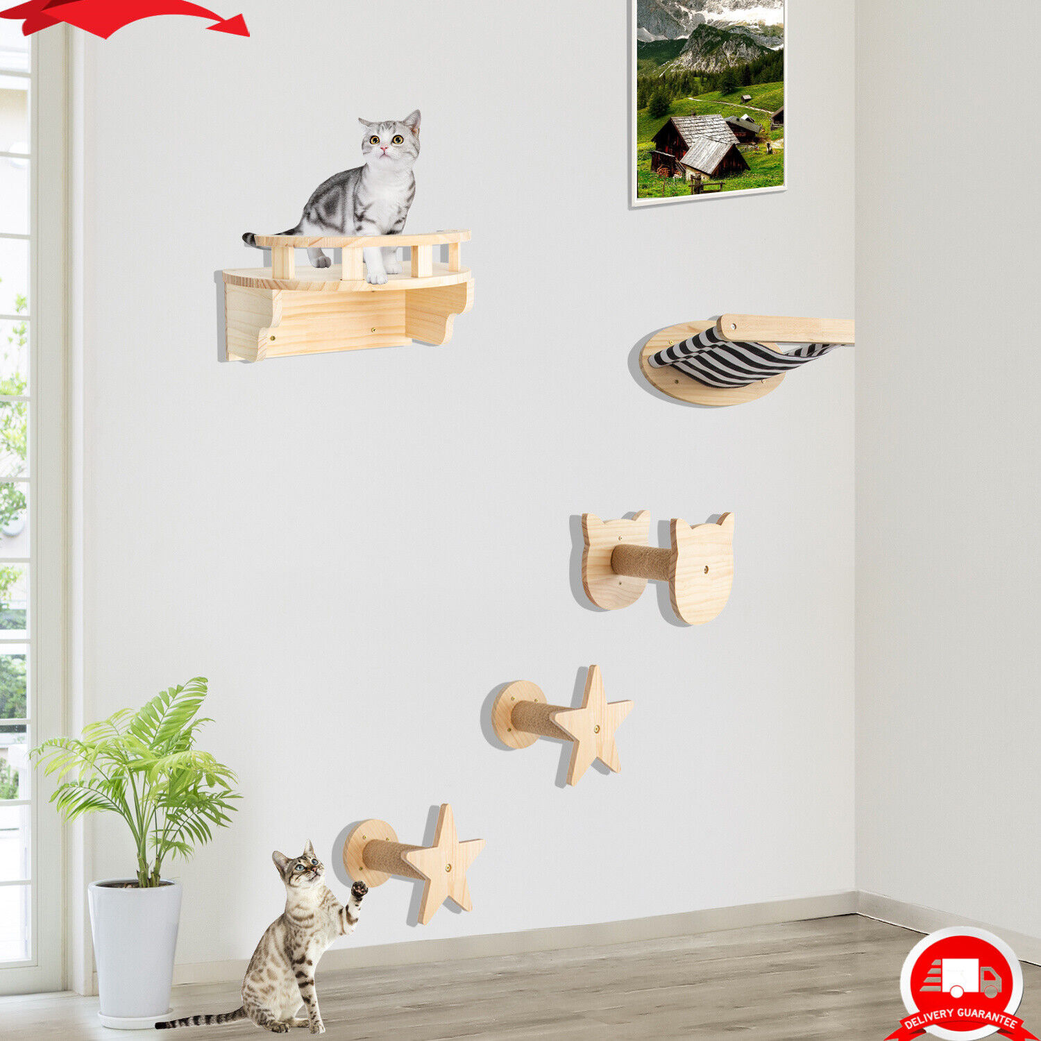 5PCS Cat Climbing Frame Wall Mounted Cat Scratching Post Wooded Jumping Platform