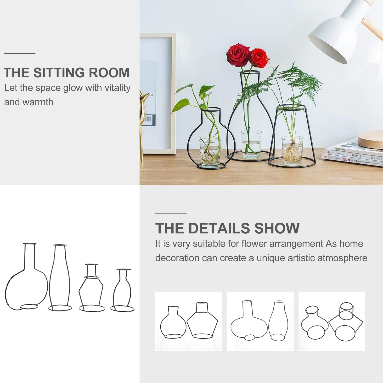 12 pcs  Flower Vases With Iron Art Frame Frame Bottle Home Flower Arrangement Bottle