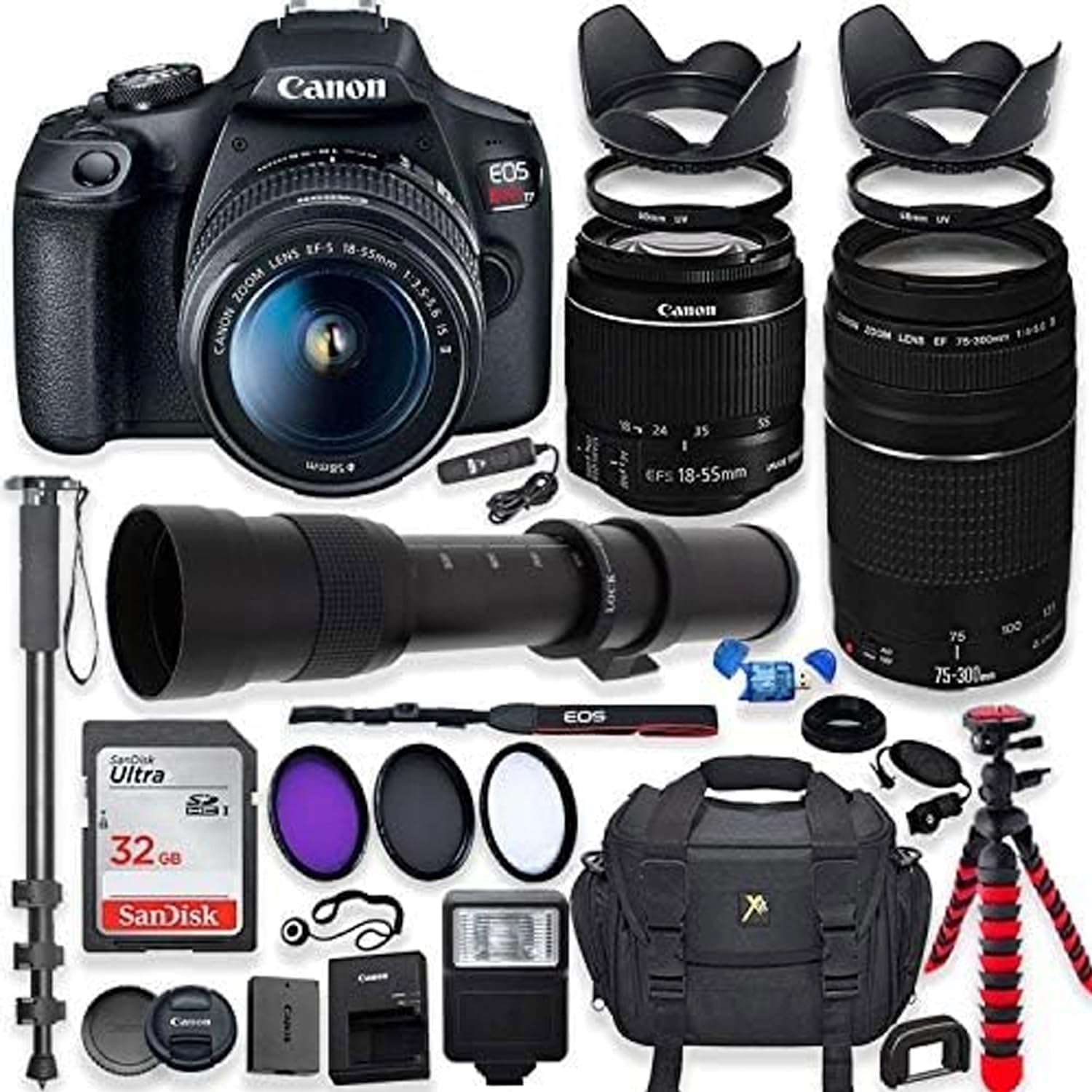 Canon EOS Rebel T7 DSLR Camera with 18-55mm is II Lens + Canon EF 75-300mm III Lens & 420-800mm Preset Telephoto Zoom Lens + 32GB Memory + Filters + Spider Tripod + Professional Bundle (Renewed)