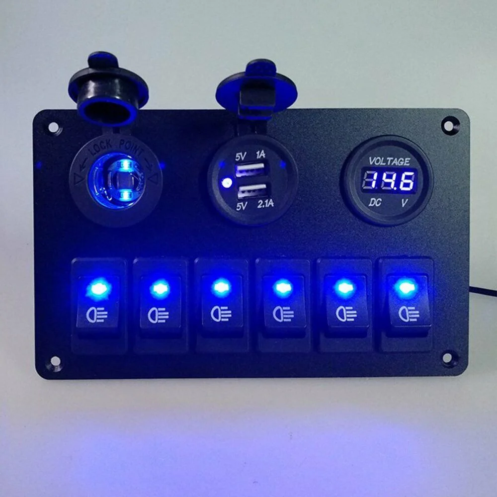 6 Gang Blue LED Rocker Switch Panel Circuit Breaker Waterproof for RV Car Marine Electrical System