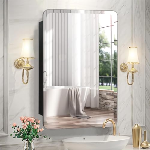 White Medicine Cabinet Mirror for Bathroom, 16x29 Inch Recessed Medicine Cabinet or Surface Mount, Frameless Beveled Bathroom Mirror with Storage Modern Farmhouse