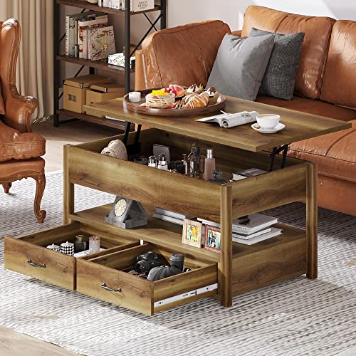 YITAHOME Lift Top Coffee Table with Storage Shelf,Drawers and Hidden Compartment,Retro Center Table with Wooden Lift Tabletop,Lift Tabletop Dining Table for Living Room Office Reception,Rustic Brown
