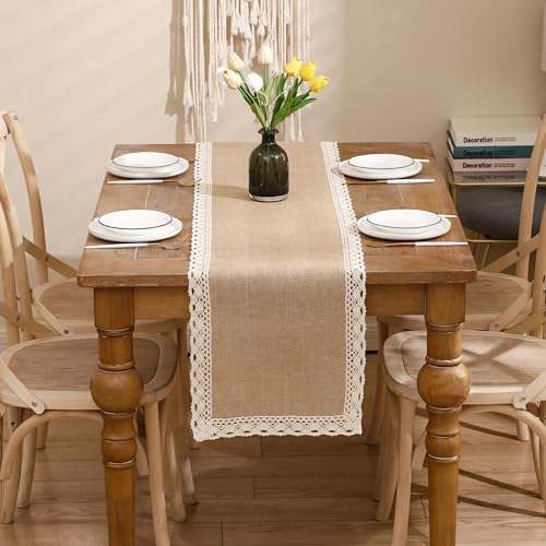 Natural Jute Braided Table Runner 13x120 inch Long Farmhouse Table Runner with White Pearls for Summer Parties BBQ's Everyday Holidays Rustic Vintage Dining Table Runner(One Piece)