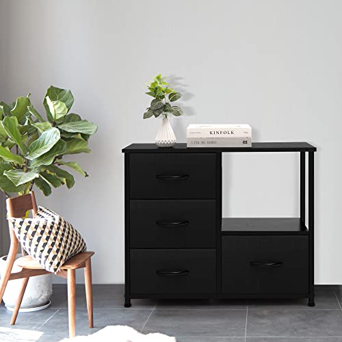 AZL1 Life Concept Storage Tower with Shelves, 4 Drawers Closet Organizer, Night Stand, Fabric Bins, Versatile Cabinet, Dresser for Bedroom, Living Room, Hallway, Wood Handles, Dark Grey