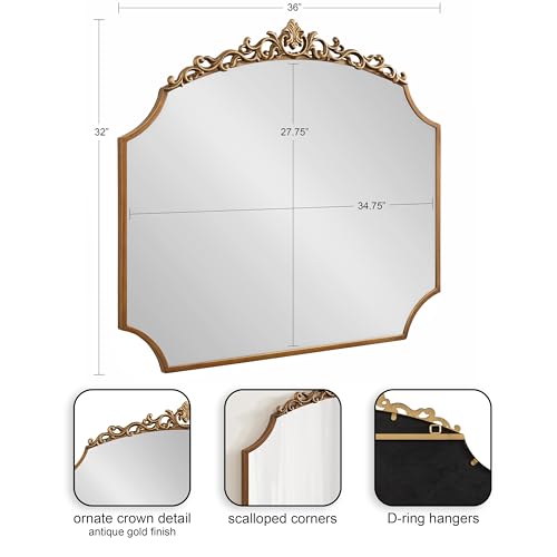 Kate and Laurel Arendahl Ornate Traditional Arched Scallop Mirror, 24 x 36, Antique Gold, Decorative Baroque Style Scalloped Arch Vintage Gold Mirror with Ornamental Crown