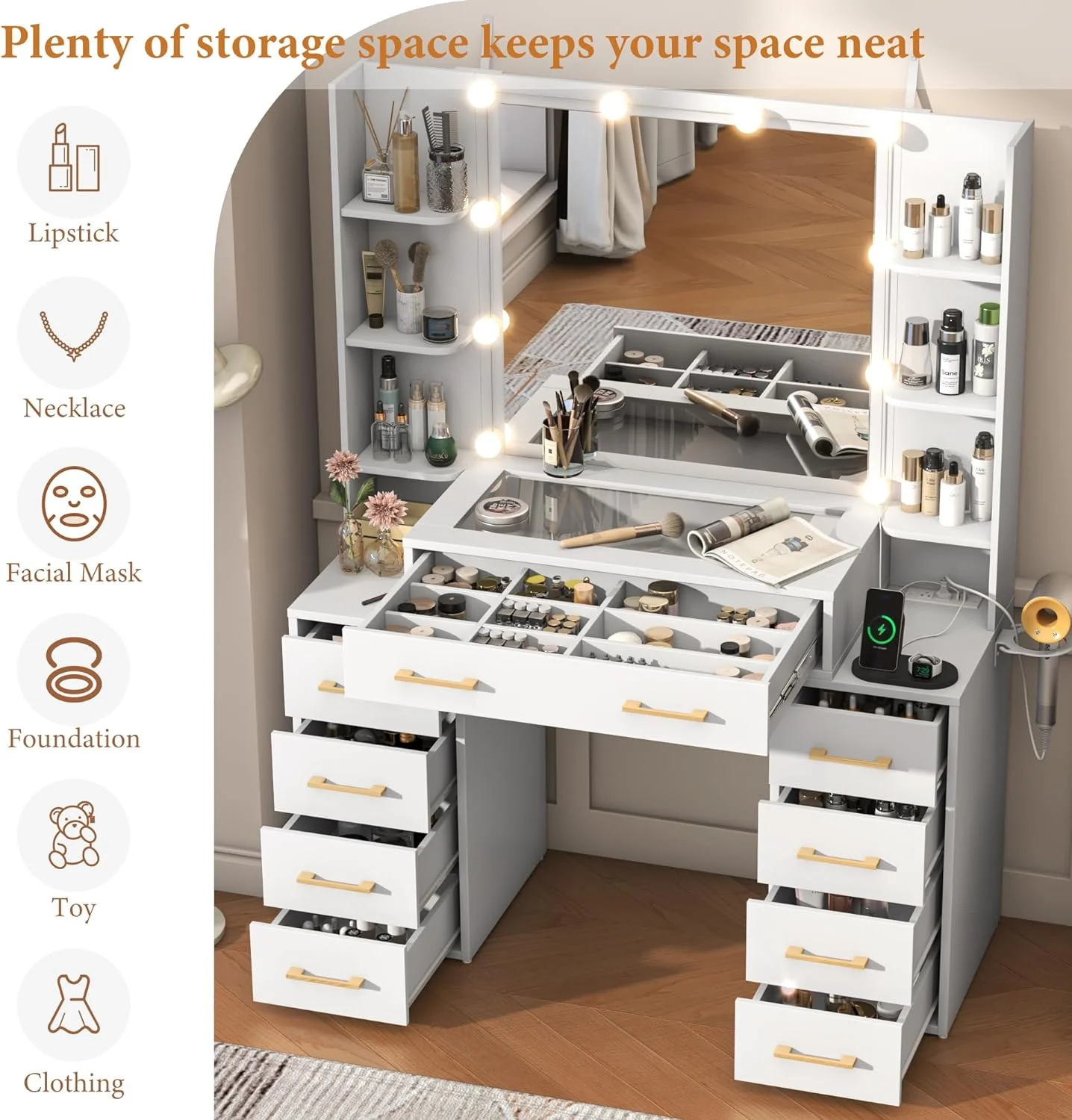 White Vanity Desk with Mirror & LED Lights, Glass Top Vanity Desk with Charging Station & Compartment Storage Drawers, 43