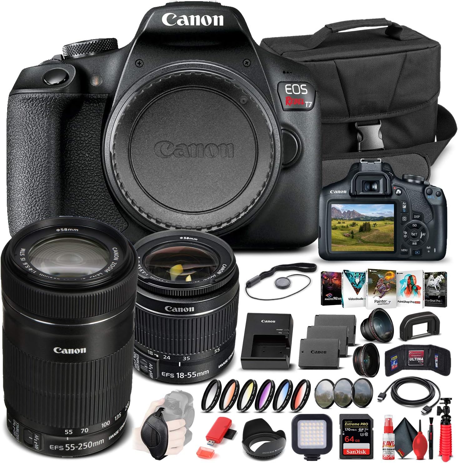 Canon EOS Rebel T7 DSLR Camera with 18-55mm Lens (2727C002) + EF-S 55-250mm Lens + 64GB Memory Card + Case + Corel Photo Software + 2 x LPE10 Battery + Card Reader + LED Light + More (Renewed)