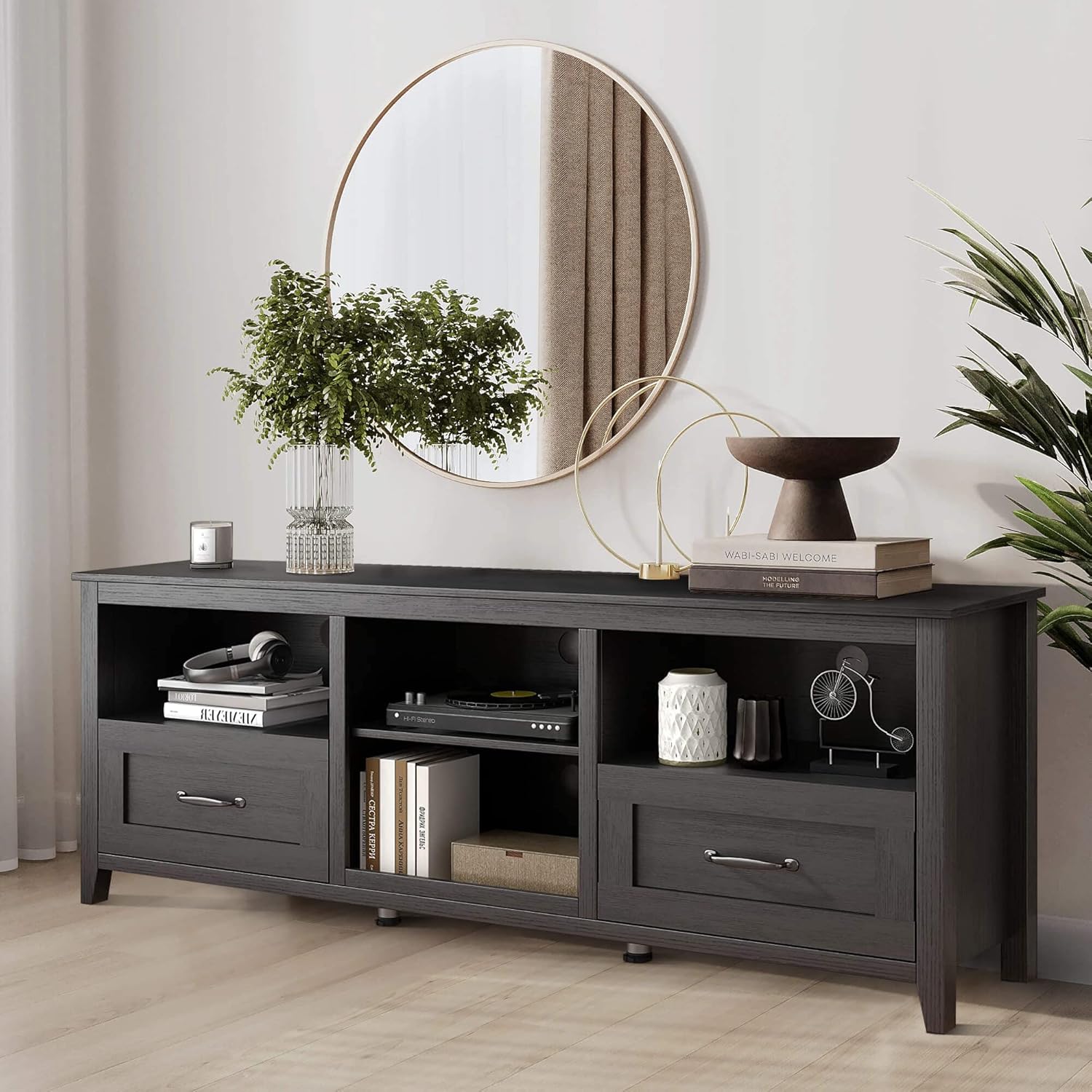 Black TV Stand for 55/65/70/75/80 inch TV, TV Media Center, Modern Entertainment Center with Drawers Wood Storage Cabinet Media Console for Living Room, Bedroom, 70 inch Long