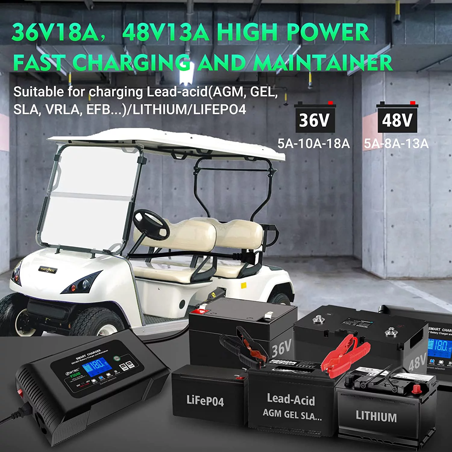 HTRC 36V/48V Golf Cart Charger 18-Amp Smart Charger, Golf Car Battery Charger,Trickle Charger