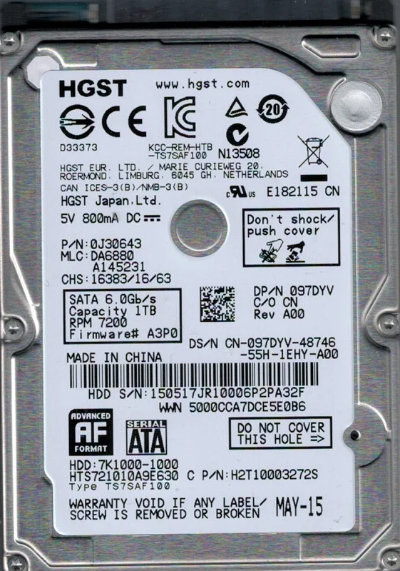 HTS721010A9E630 P/N: 0J30643 MLC: DA6880 China HGST 1TB