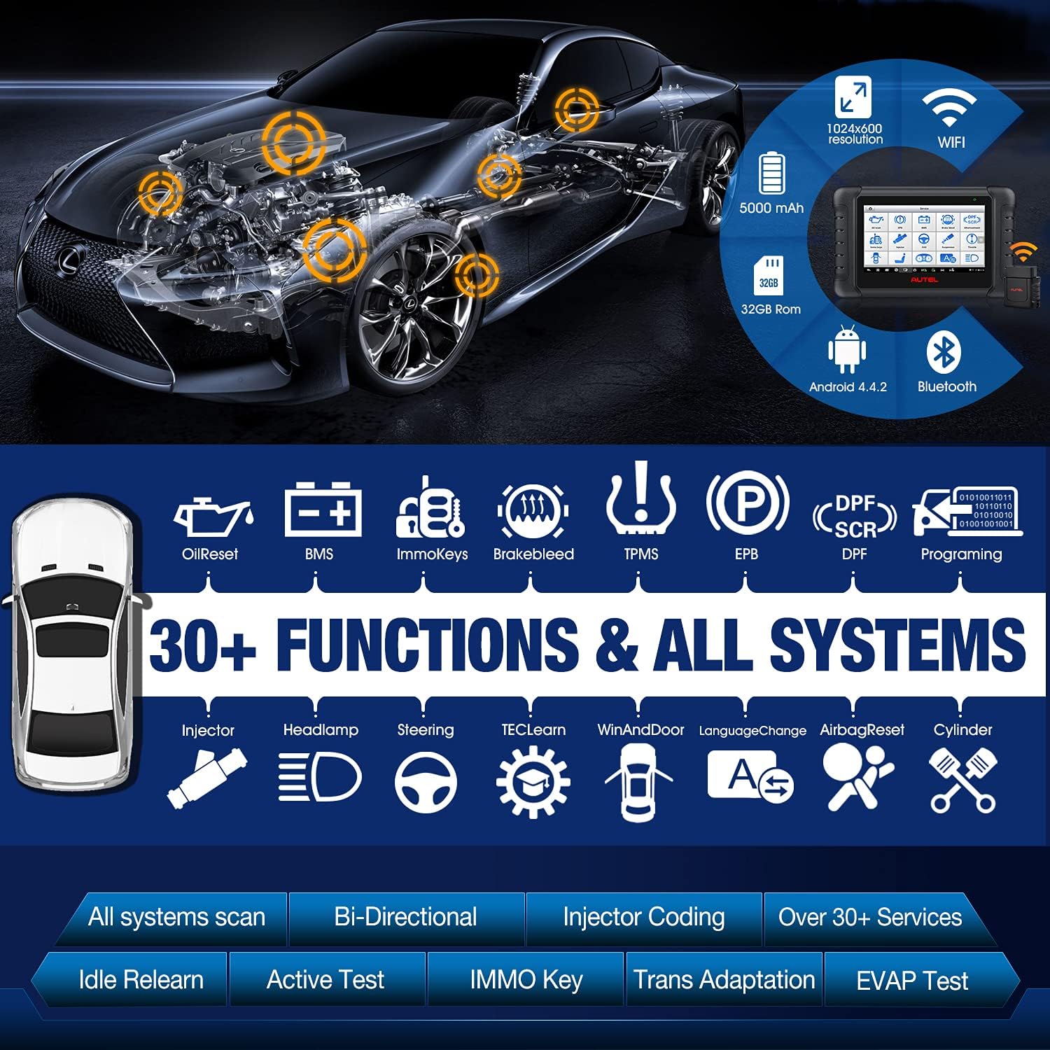 Autel Scanner MaxiPRO MP808BT PRO [Upgraded of MaxiDAS DS808, DS708, MP808], Same with MaxiSys MS906, OBD2 Bi-Directional Control Scan Tool with Bonus $150 Adaptor Kit, Full Diagnostics, 31+ Services