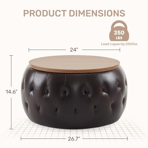 Round Storage Ottoman, Velvet Large Coffee Table with Wooden Lid, Tufted Ottoman Footstool Bench Circle for Living Room Bedroom (Velvet, Beige)