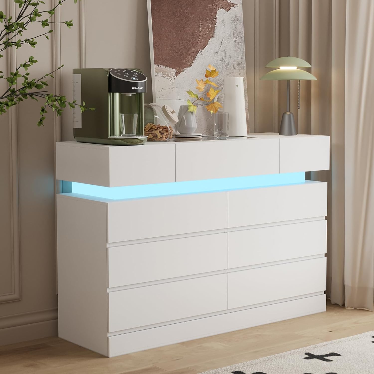 ARTETHYS White Dresser for Bedroom 6 Drawer Dresser Organizer for Closet Clothes Chest of Drawers with LED Lights 47’’ Modern Storage Cabinet with Glass Top for Living Room Entryway Hallway