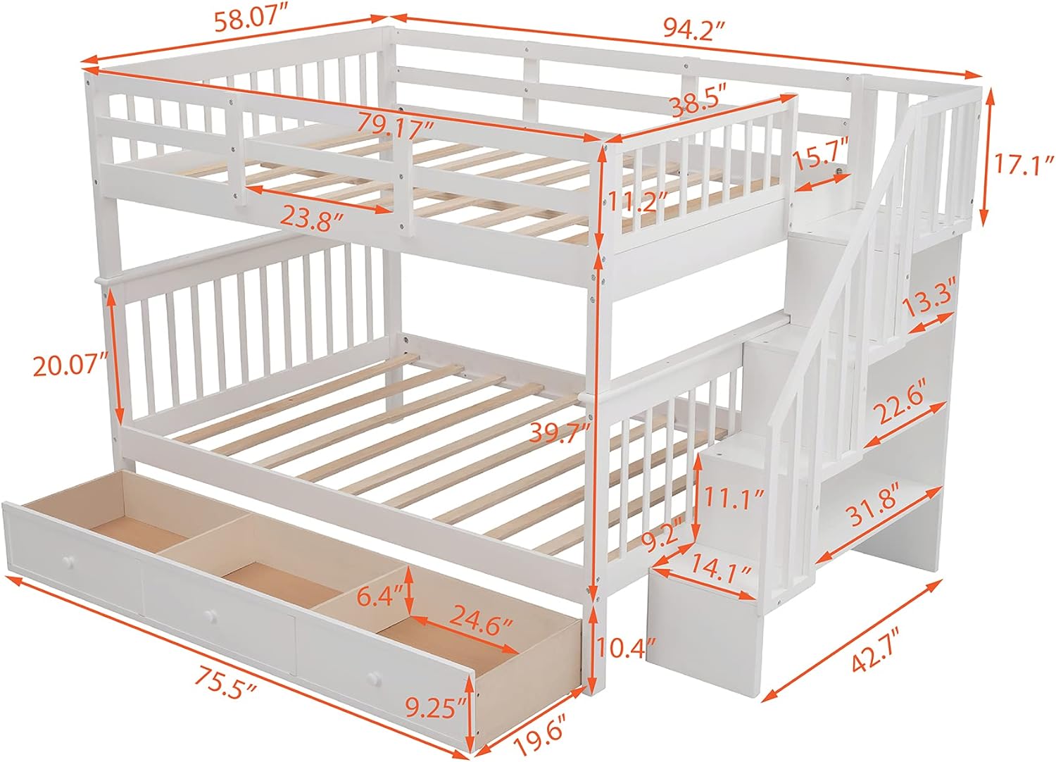 Harper & Bright Designs Full Over Full Bunk Bed with Stairs, Wooden Full Bunk Bed with Storage Drawers for Kids Teens Adults - White