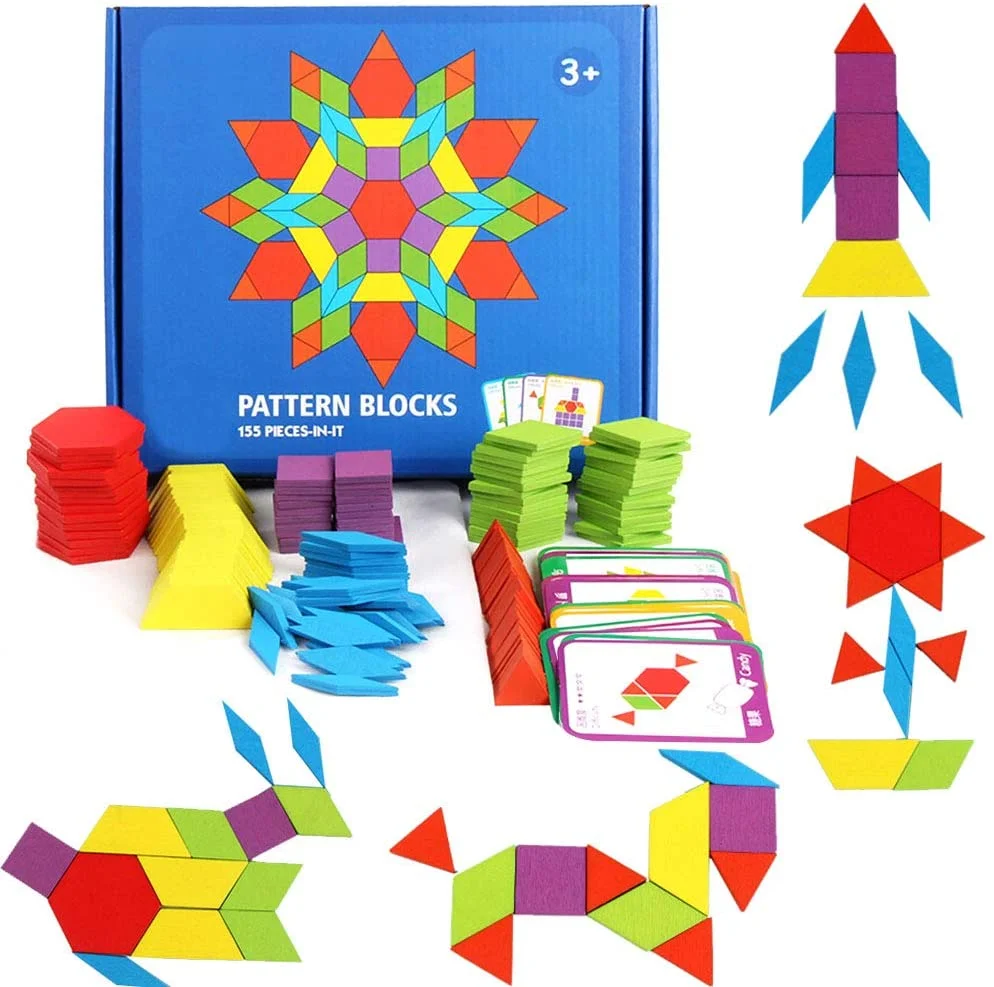 ISHANTECH 155 Pcs Wooden Pattern Blocks Set Geometric Shape Puzzle Kindergarten Classic Educational Montessori Tangram Toys for Kids Ages 4-8