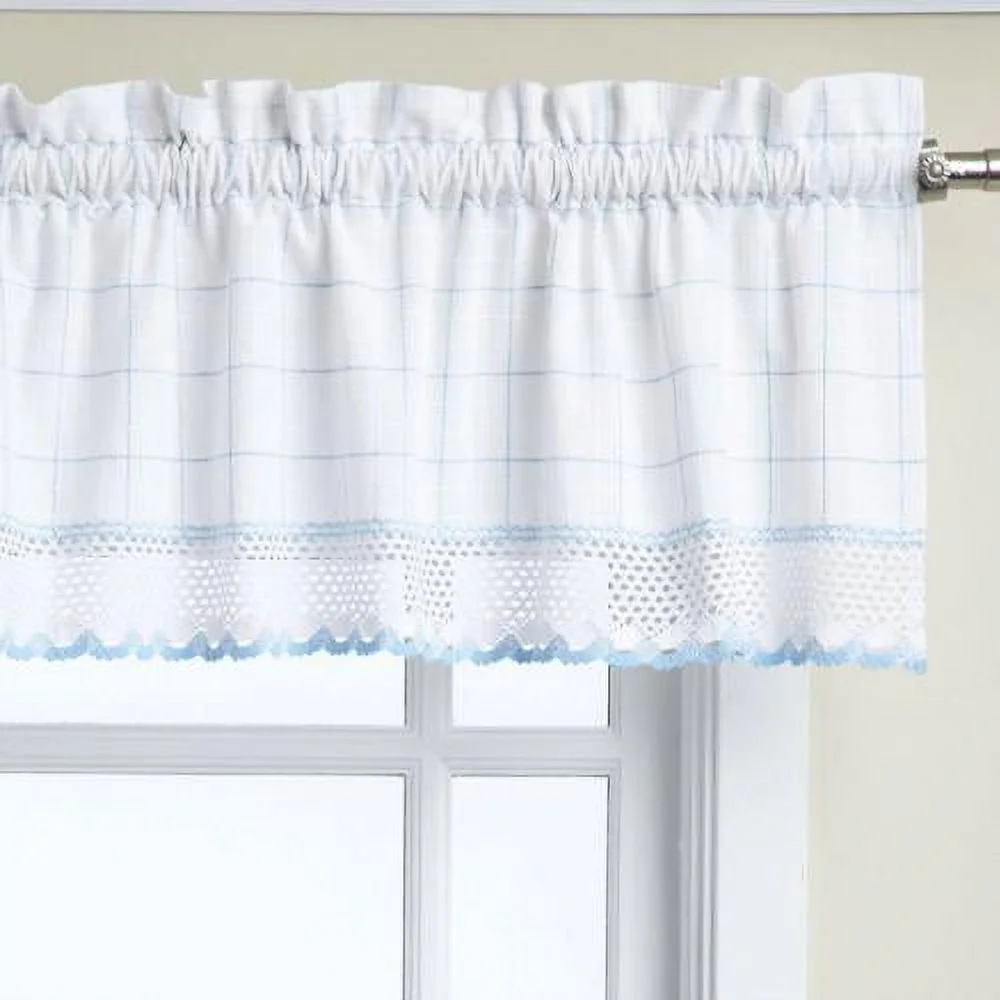 Sweet Home Collection Cotton Classic White/ Blue Window Pane Pattern and Crotchet Trim Tiers, Swags and Valance Options 38 x 60 swag