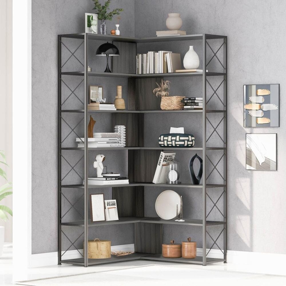 7-Tier L-Shaped Industrial Corner Bookcase Bookshelf Open Storage Silver MDF Natural Finish
