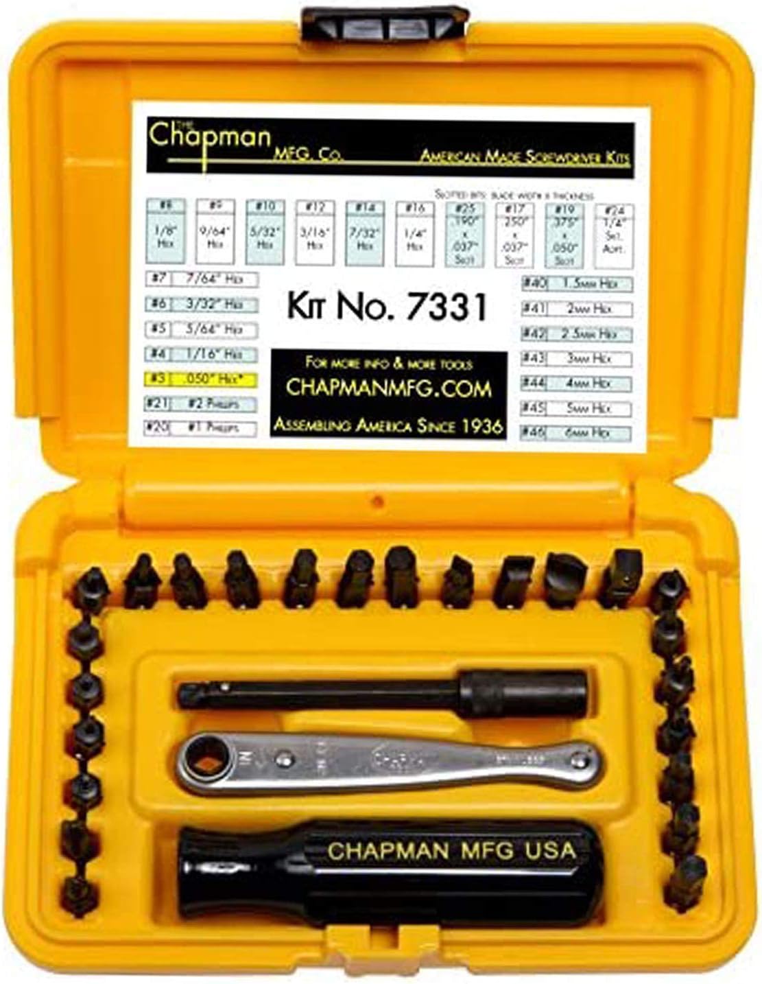 Chapman MFG 7331 All-Purpose Standard Screwdriver Set - Includes Phillips, SAE Allen Hex & Slotted/Flathead Bits - Complete Set Offers 24 USA Made Insert Bits + Mini Ratchet Hand Tool (Yellow Case)