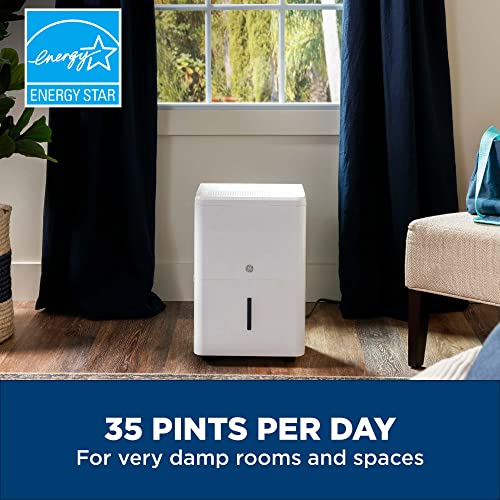 GE Energy Star Portable Dehumidifier 35 Pint, Perfect for Bedroom, Basement & Garage or Rooms up to 3000 Sq Ft, Ideal for High Humidity Areas, Complete with Empty Bucket Alarm & Clean Filter Alert