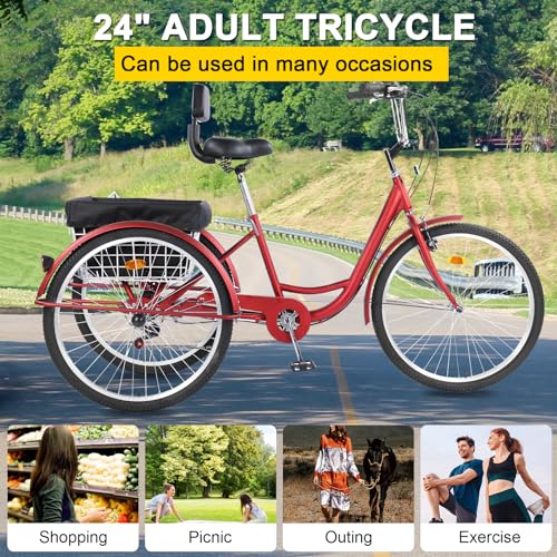 Adult Tricycles, 7 Speed Adult Trikes 24 inch 3 Wheel Bikes, Cruise Bike with Basket for Seniors, Women, Men for Recreation, Shopping, Exercise, Multiple Colors