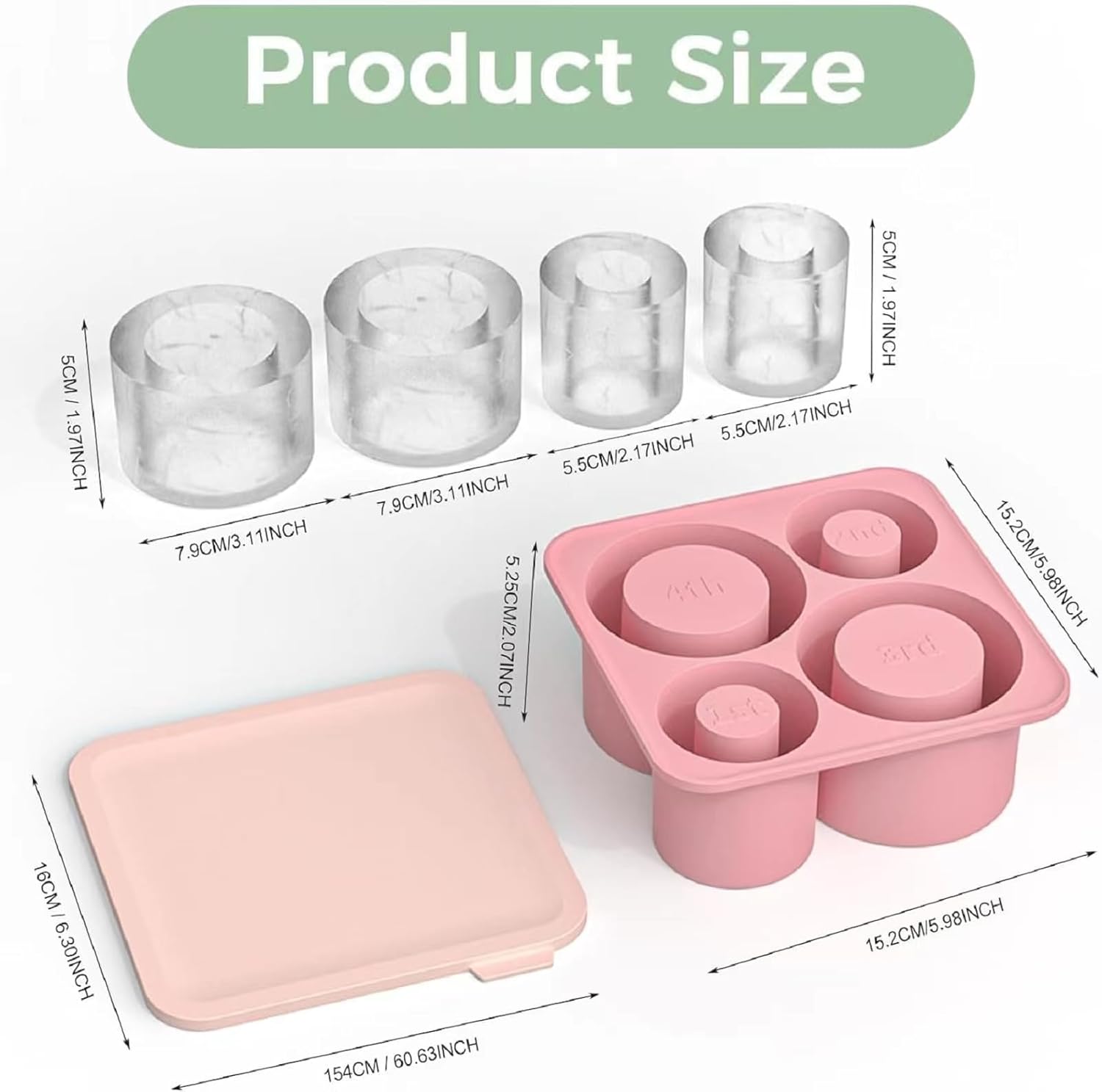 Ice Cube Tray for 40 oz Tumbler,4 Pcs Silicone Hollow Cylinder Ice Mold with Lid,Ice Cube Tray for Stanley Cup,For Travel Mug,Coffee,Whiskey,Cocktails,Keep Drinks Chilled, 15.2*15.2*5.25cm