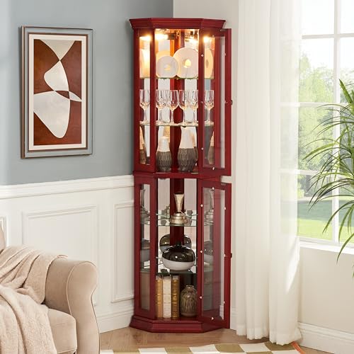 Corner Curio Cabinet Lighted Display 69.59 inch with Glass Doors & 4 Adjustable Glass Shelves & Classical Metal Handles - Perfect for Collectibles,Cherry(Light Bulbs are Included)