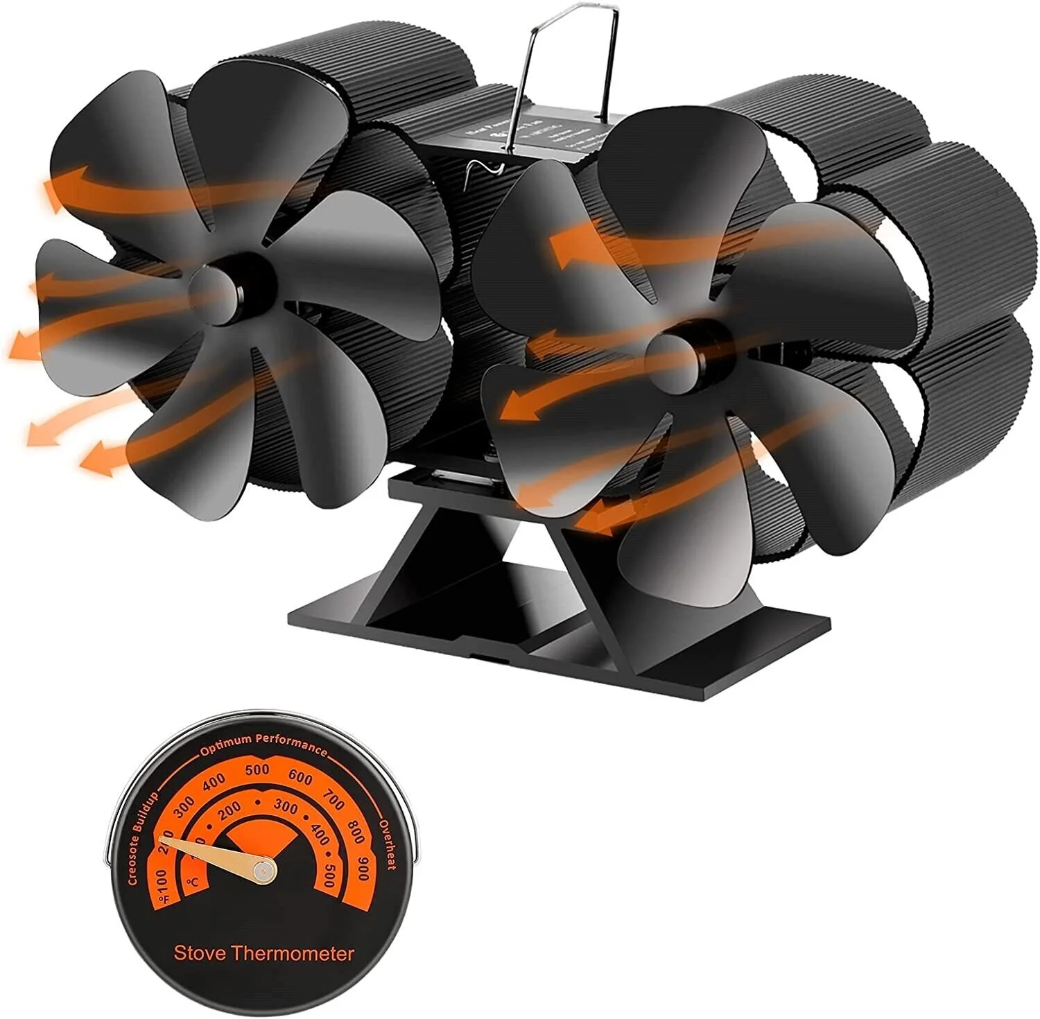 Jahy2Tech 12-Blade Dual Head Heat Powered Wood Stove Fan Fireplace Furnace Air Blower with Magnetic Thermometer