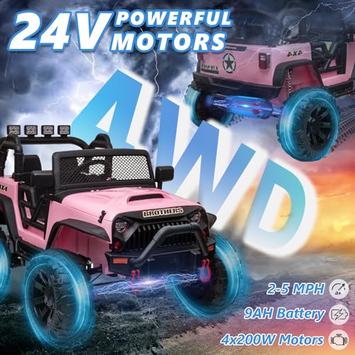 24V Electric Cars Vehicles Toys for Kids -2 Seater, 4x200W Powerful Wheels 4WD Ride on Truck Kids with 3 Speed Remote Control Spring Suspension, Bluetooth, MP3 Music, Soft Brake (Hot Pink)
