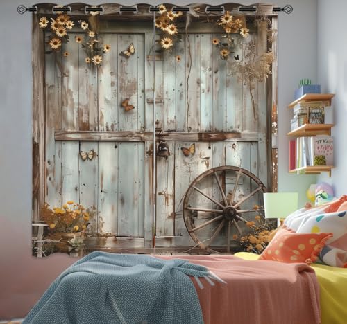 Rustic Barn Door Blackout Curtains for Girls Boys Kids Home Decor, Vintage Old Wooden Door Farmhouse Grommet Thermal Insulated Drapes Darkening Window Curtain for Bedroom Living Room, 42 x 45 Inch