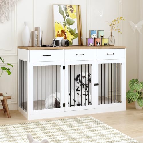 Extra Large Dog Crate Furniture with 3 Drawers, Indoor Heavy Duty Dog Kennel House, 55.3