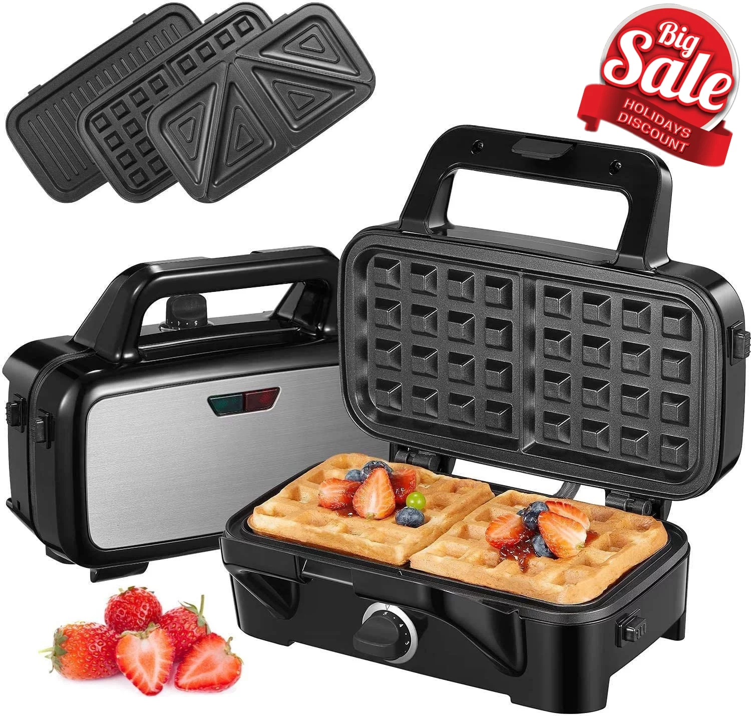 3-in-1 Sandwich Maker with Removable Plates, FOHERE Waffle Maker and Panini Press Grill, 1200W, Black
