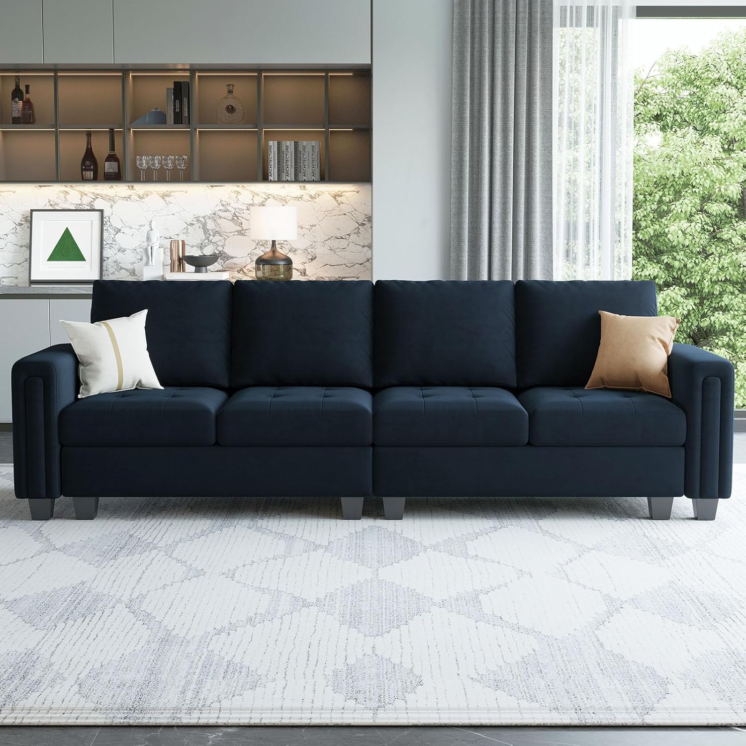 Belffin Velvet Modular 4 Seat Sofa Couch Sectional 4-seat Sofa Couch for Living Room Blue